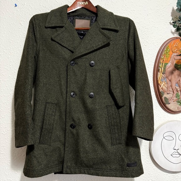 Civil Society Other - Men's Double-Breasted Wool Peacoat - Dark Olive (Tagged Size S, Fits Like XS)